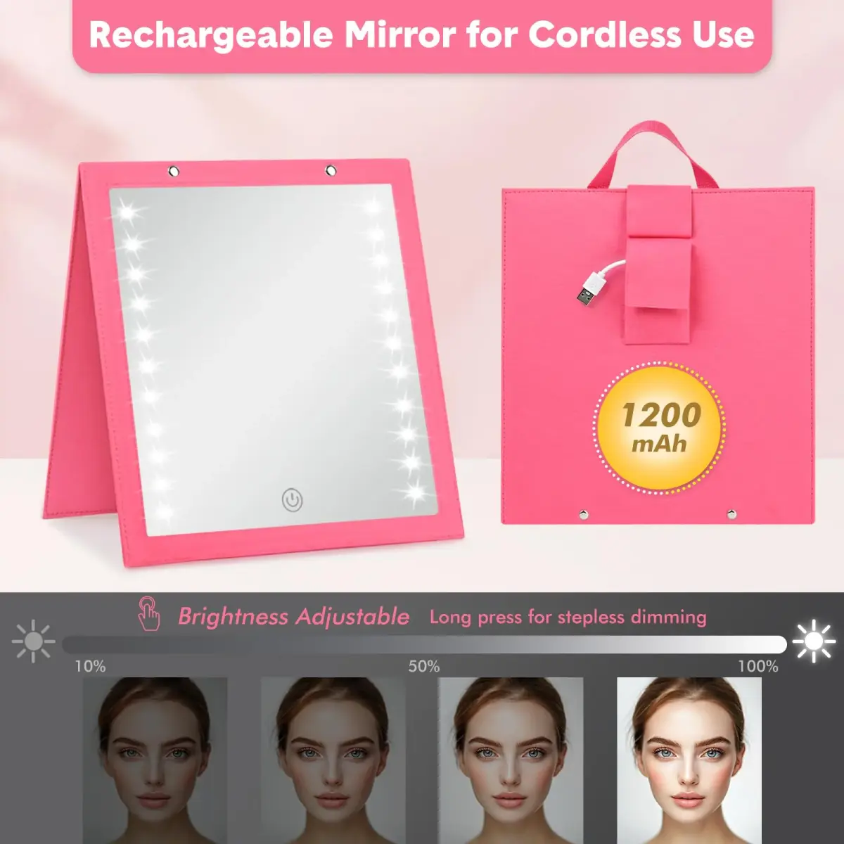 Fabuday Lighted Hanging Mirror for Dance Backstage - Rechargeable Folding LED Full Length Mirror with Lights, Berry (31.3cm H x 29.5cm W x 3.5cm D) - view 6