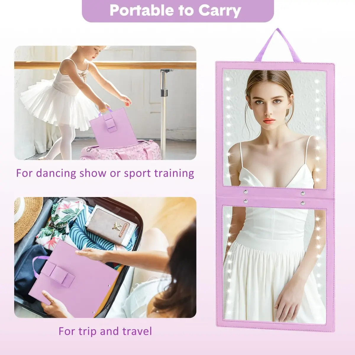 Fabuday Lighted Hanging Mirror for Dance Backstage - Rechargeable Folding LED Full Length Mirror with Lights for Dancers, Portable Foldable Travel Body Mirrors, Brightness Adjustable, Purple (11.5x12.3 inch) - view 5