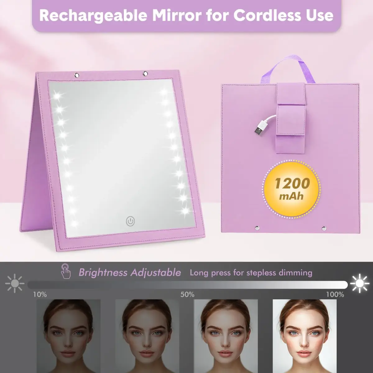 Fabuday Lighted Hanging Mirror for Dance Backstage - Rechargeable Folding LED Full Length Mirror with Lights for Dancers, Portable Foldable Travel Body Mirrors, Brightness Adjustable, Purple (11.5x12.3 inch) - view 6