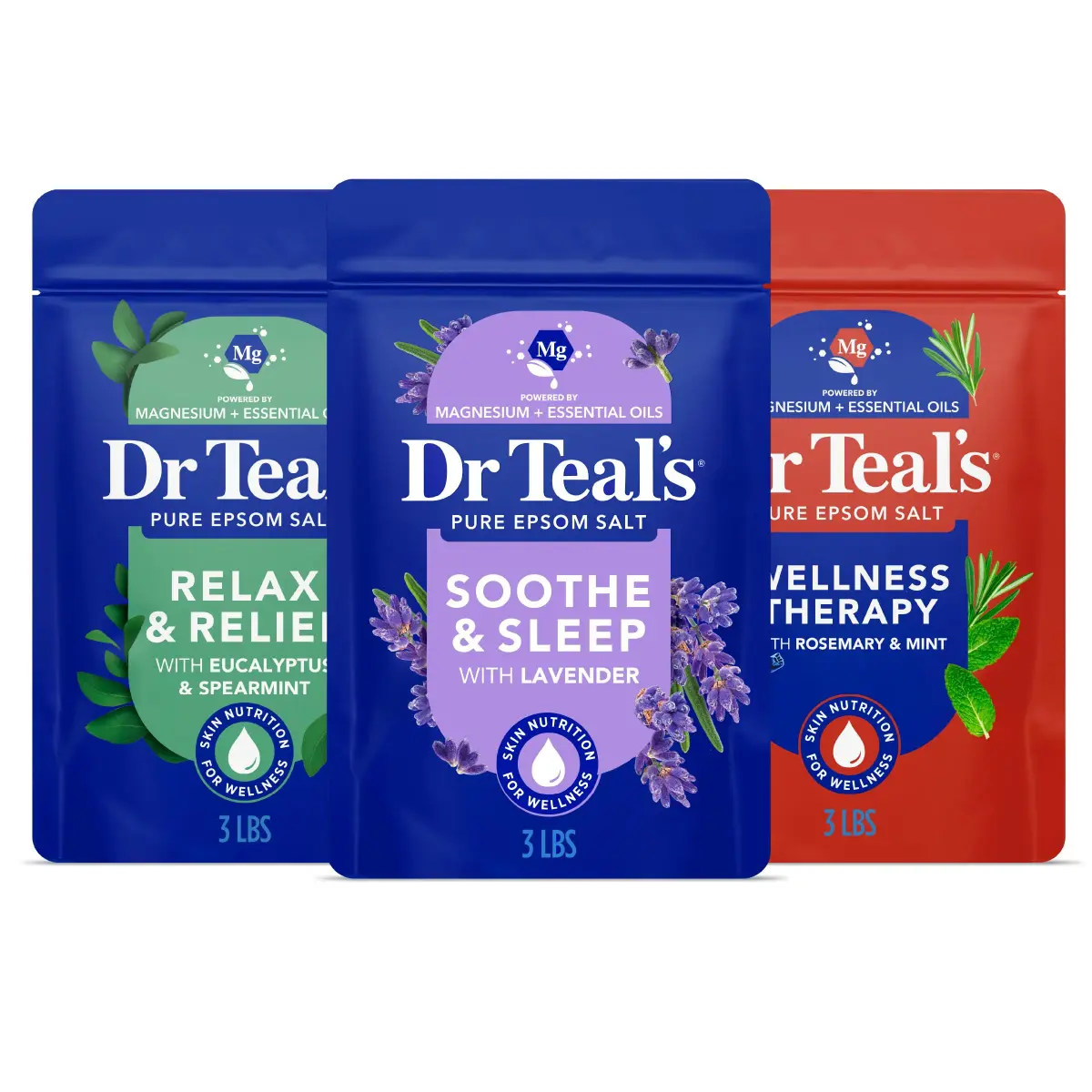 Dr Teal's Epsom Salt Magnesium Soak Trio 144 oz (4.34 kg) | Lavender, Eucalyptus & Rosemary Infused for Muscle Relief - main product image