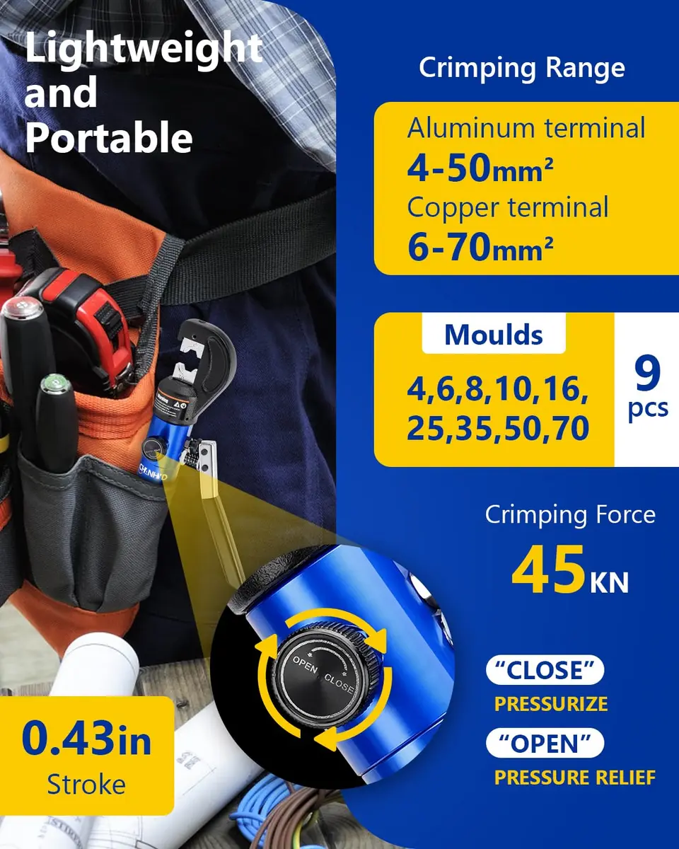 CHANHYD Hydraulic Crimping Tool 8 US TON | Durable Alloy Steel, Hydraulic System, 12-00 AWG - view 2