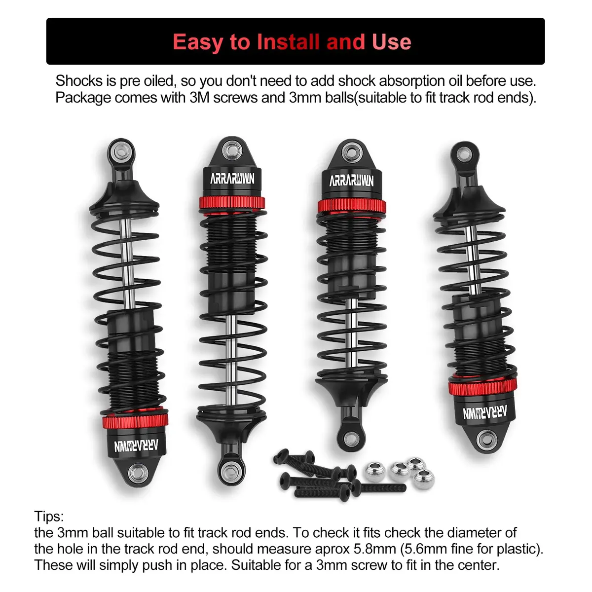 ARRAROWN RC Car Shocks Set 4PCS Black | Heavy-Duty Off-Road Impact Resistance - view 5