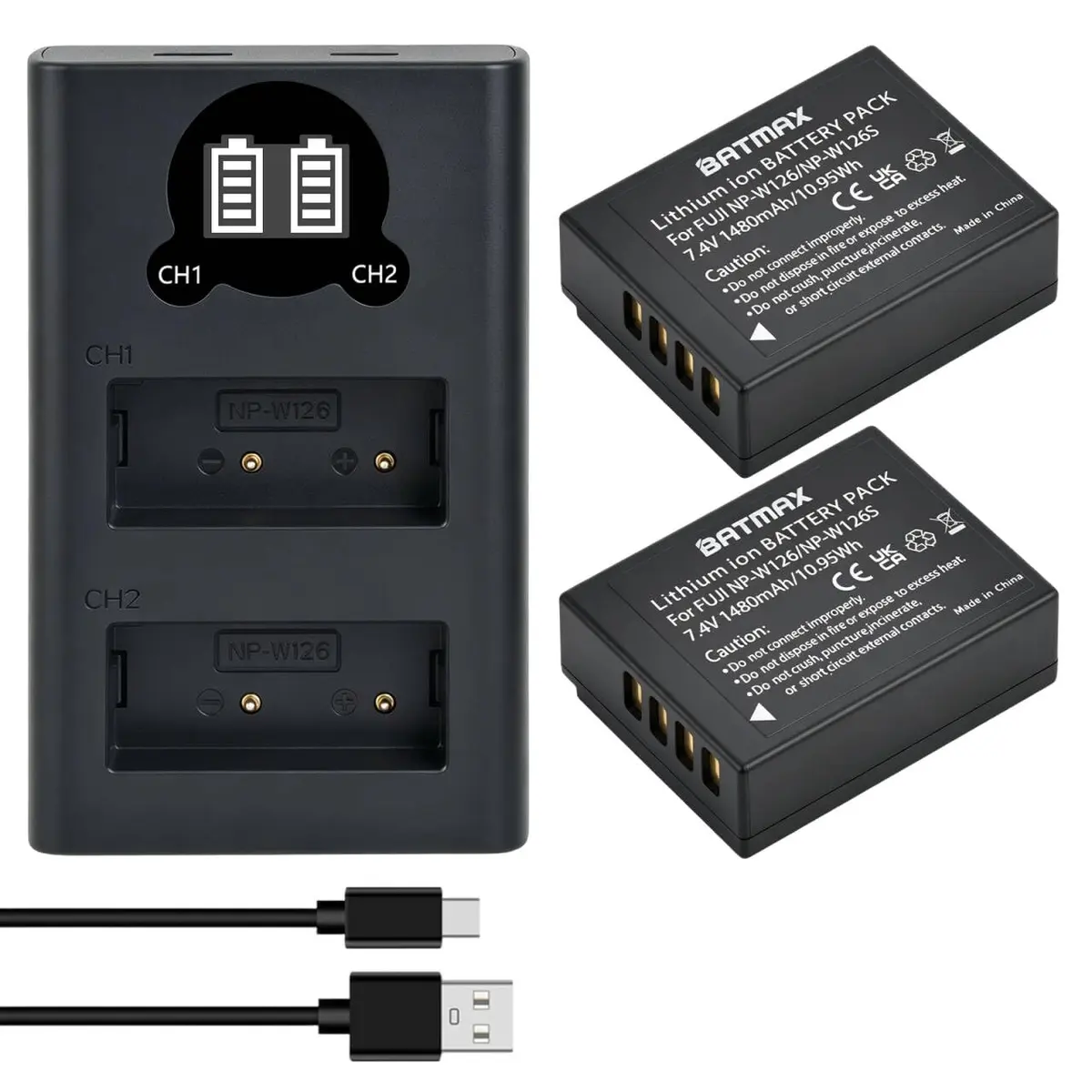 Batmax NP-W126S Battery & USB-C Rapid Charger for Fujifilm X-Series | 1480mAh Li-ion, 7.4V, Compatible with X-T100, X-T200, X100F, X100V, X-S10, X-Pro3, X-T2 - main product image