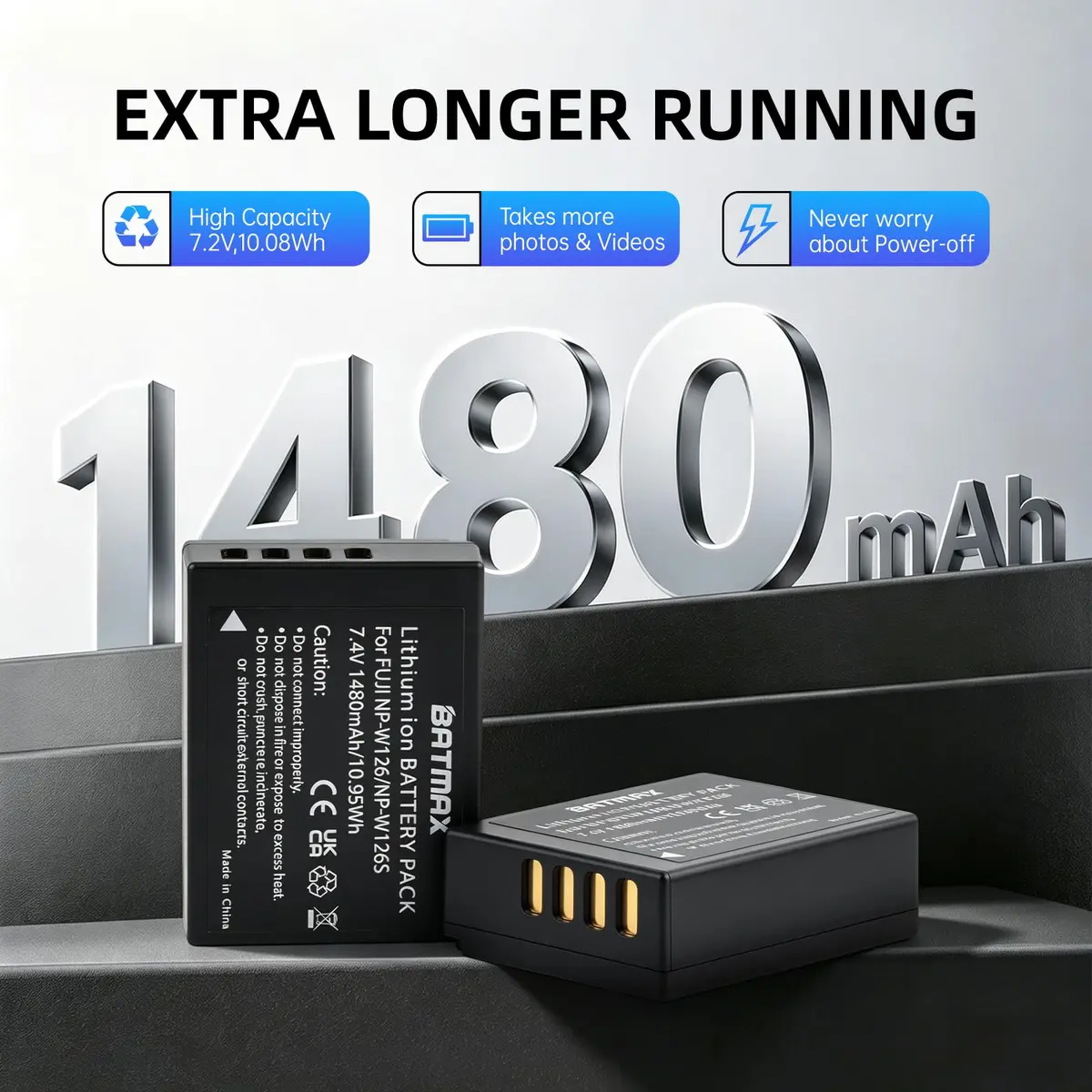 Batmax NP-W126S Battery & USB-C Rapid Charger for Fujifilm X-Series | 1480mAh Li-ion, 7.4V, Compatible with X-T100, X-T200, X100F, X100V, X-S10, X-Pro3, X-T2 - view 2