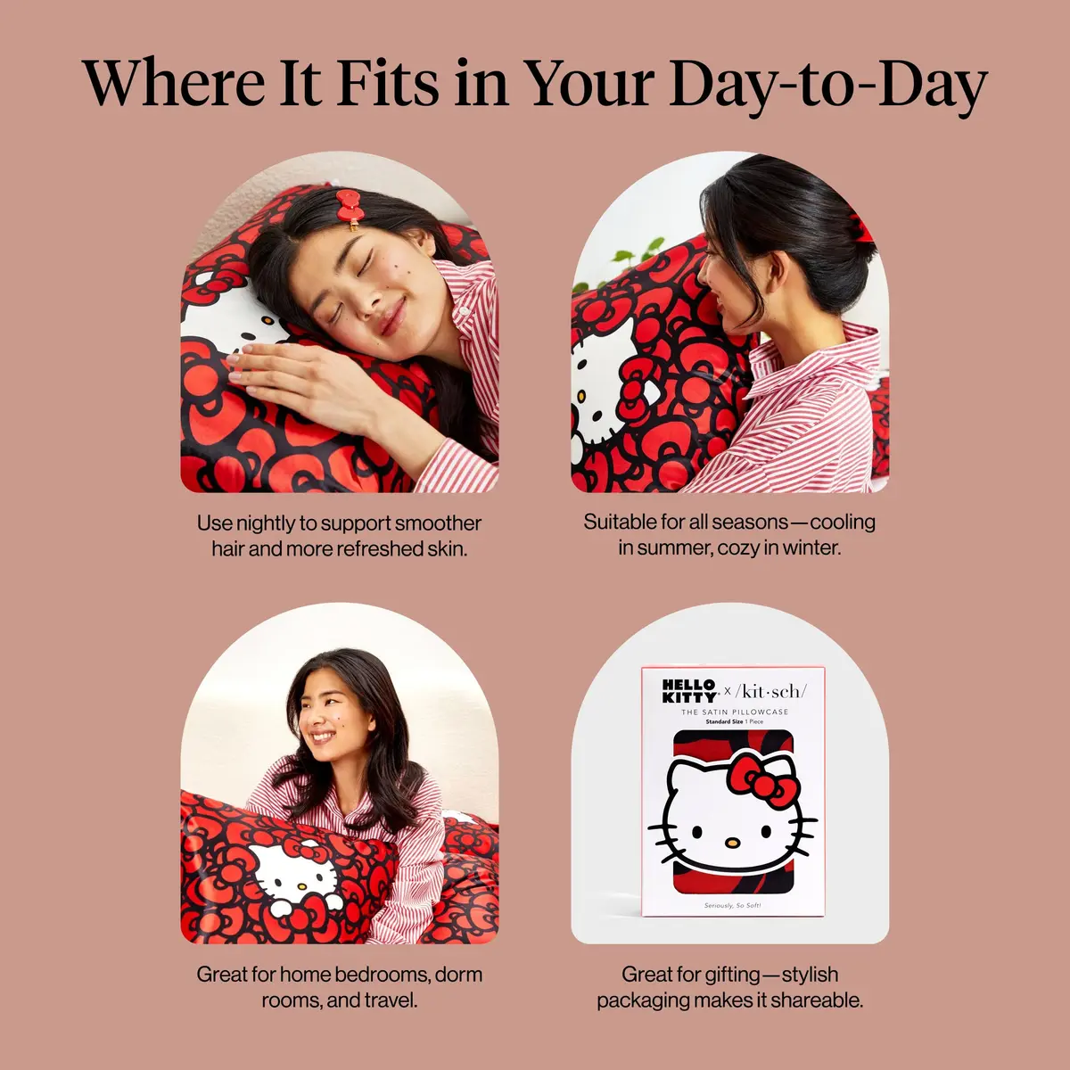 Kitsch x Hello Kitty Satin Pillowcase 19x26 Sea of Bows | Gentle on Skin & Hair - view 6