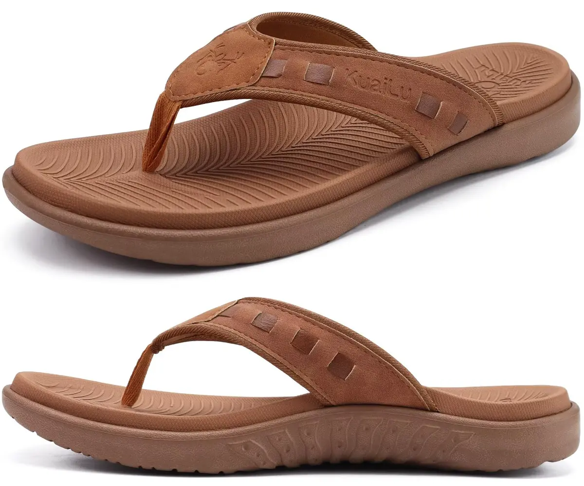 KuaiLu Men's Leather Flip Flops Orthotic Thong Sandals With Arch Support - Size 9 (US Men's) - main product image