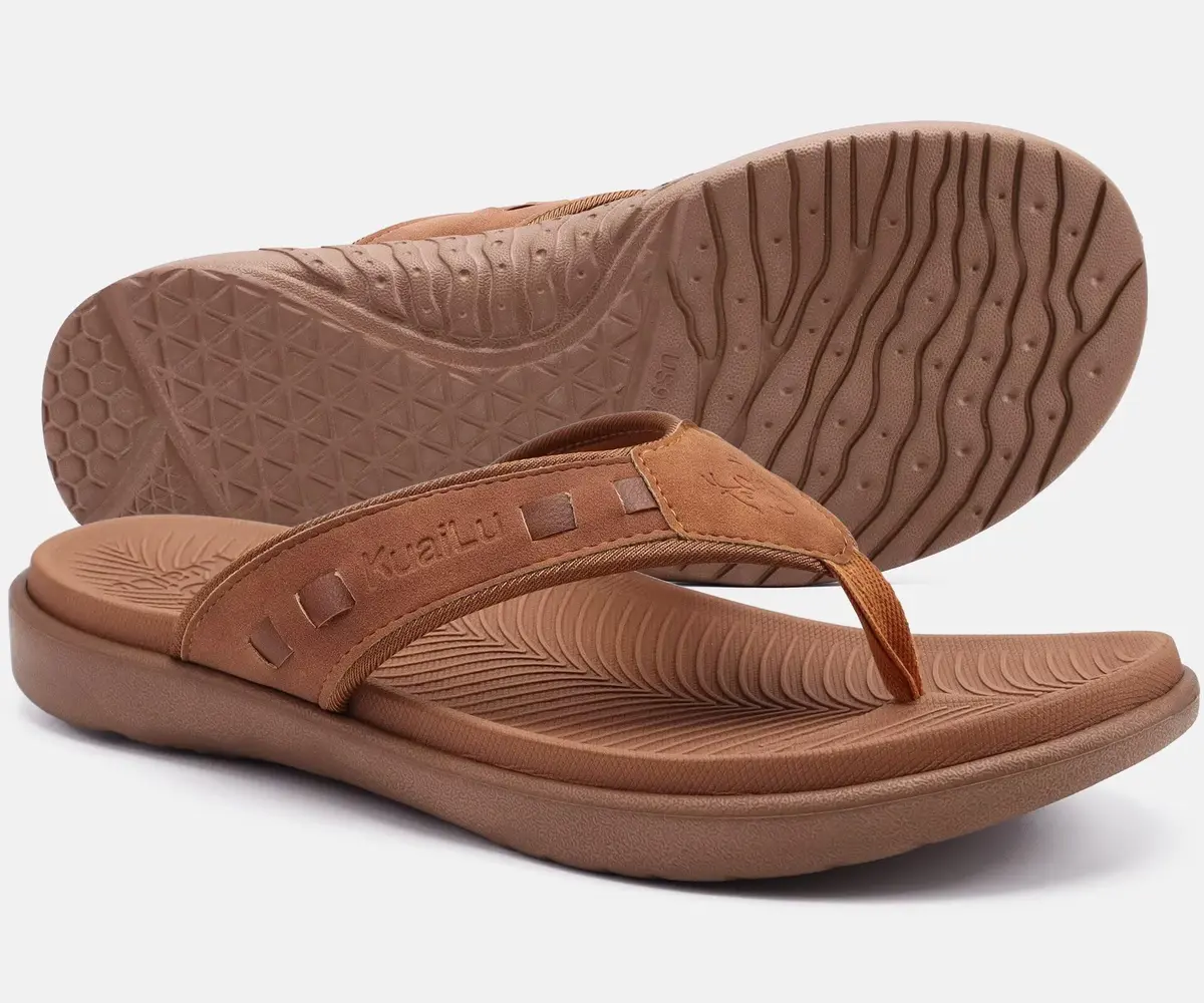 KuaiLu Men's Leather Flip Flops Orthotic Thong Sandals With Arch Support - Size 9 (US Men's) - view 6