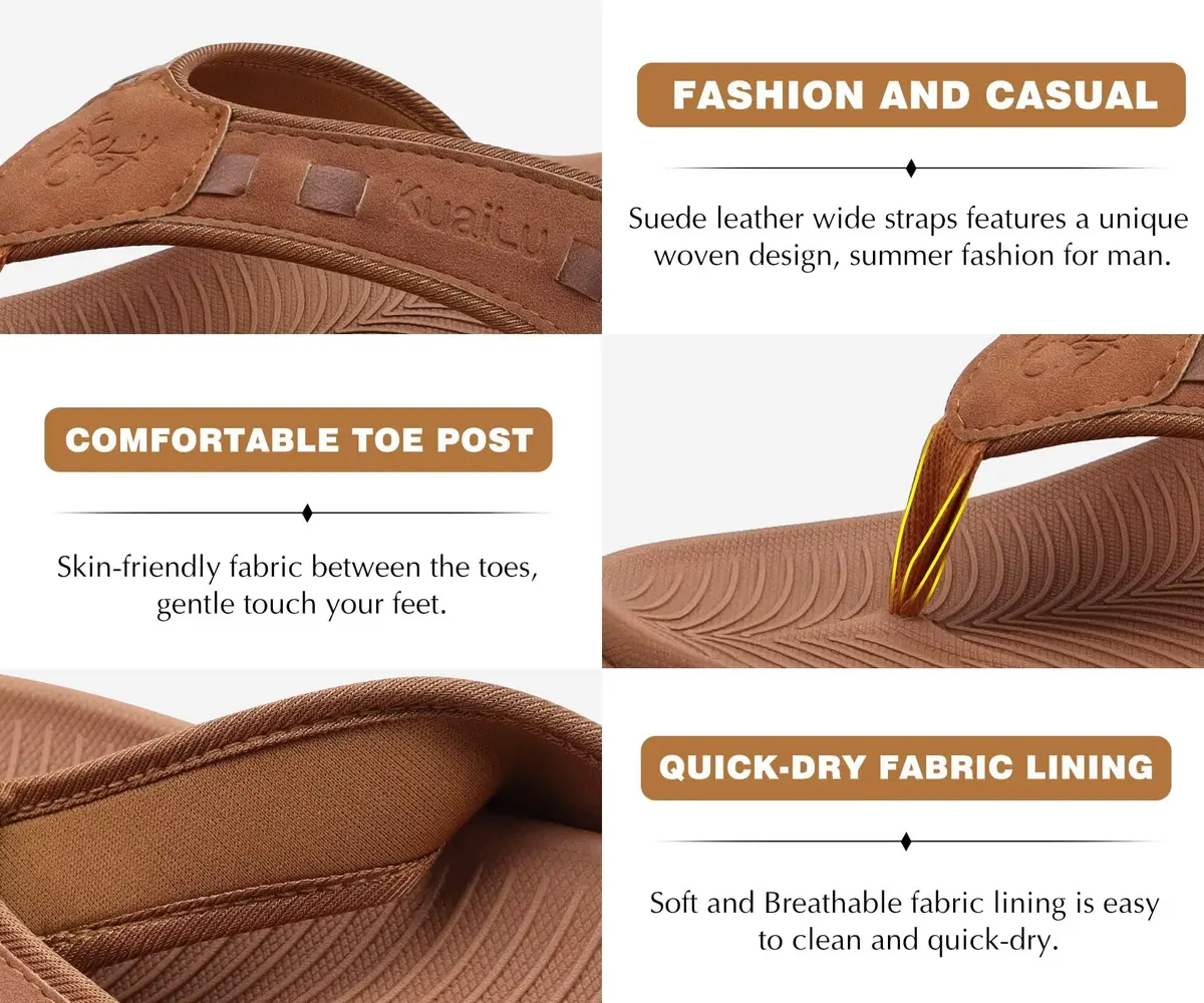 KuaiLu Men's Leather Flip Flops Orthotic Thong Sandals With Arch Support - Size 9 (US Men's) - view 7
