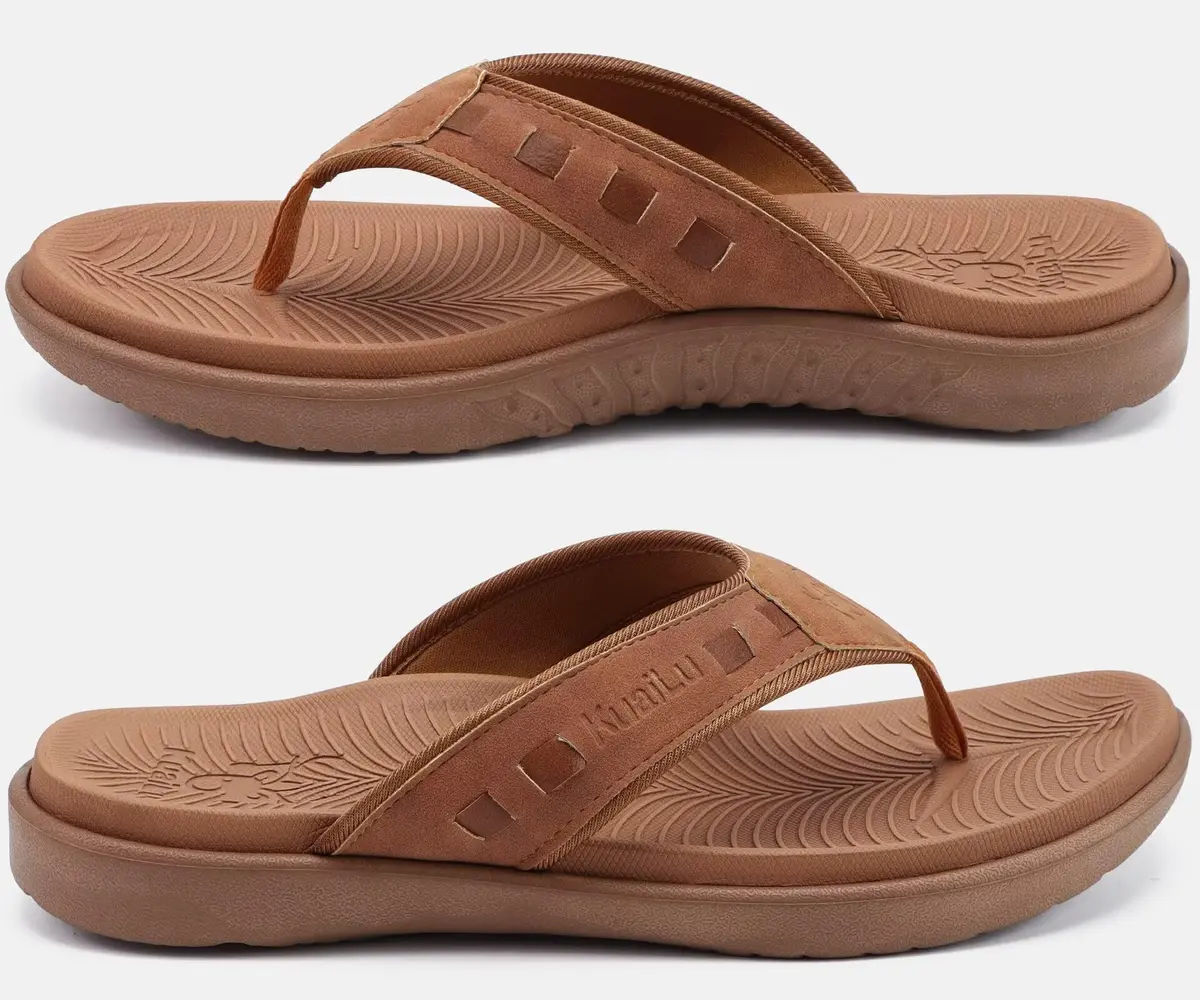 KuaiLu Men's Leather Flip Flops Orthotic Thong Sandals With Arch Support - Size 9 (US Men's) - view 9