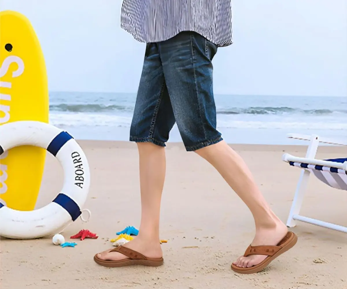 KuaiLu Men's Leather Flip Flops Orthotic Thong Sandals With Arch Support - Size 9 (US Men's) - view 3