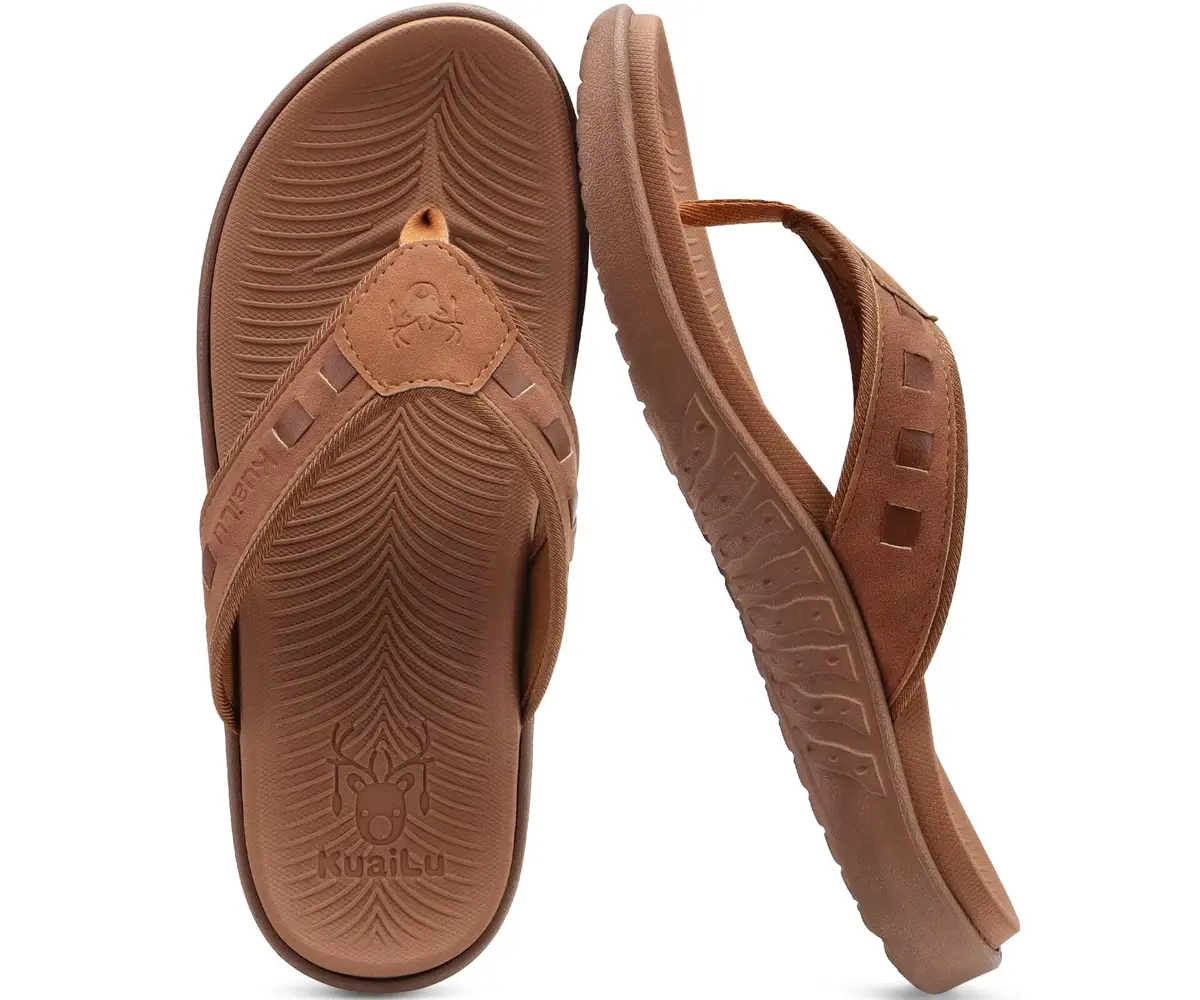 KuaiLu Men's Leather Flip Flops Orthotic Thong Sandals With Arch Support - Size 9 (US Men's) - view 4