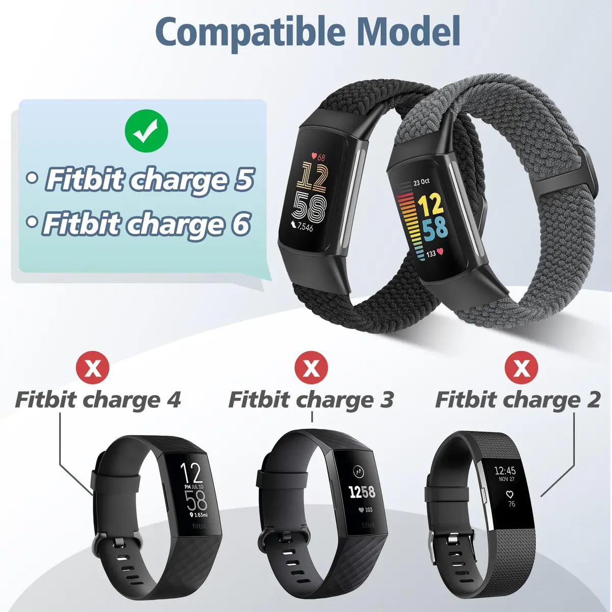 VNDAPT Elastic Braided Bands for Fitbit Charge 5 & 6 | Breathable, Adjustable Nylon Wristbands (20mm, 9.84 inches) - view 4