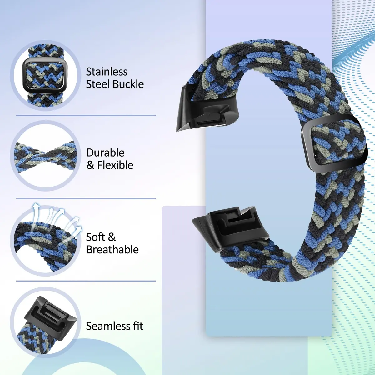 VNDAPT Elastic Braided Watch Bands Compatible with Fitbit Charge 5/6 | Breathable Adjustable Nylon Loop for Women Men - view 3