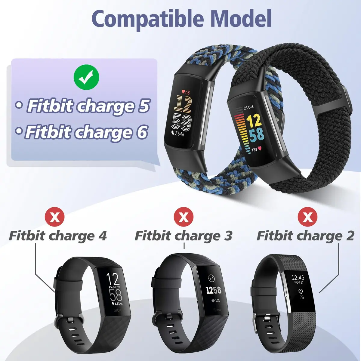 VNDAPT Elastic Braided Watch Bands Compatible with Fitbit Charge 5/6 | Breathable Adjustable Nylon Loop for Women Men - view 4