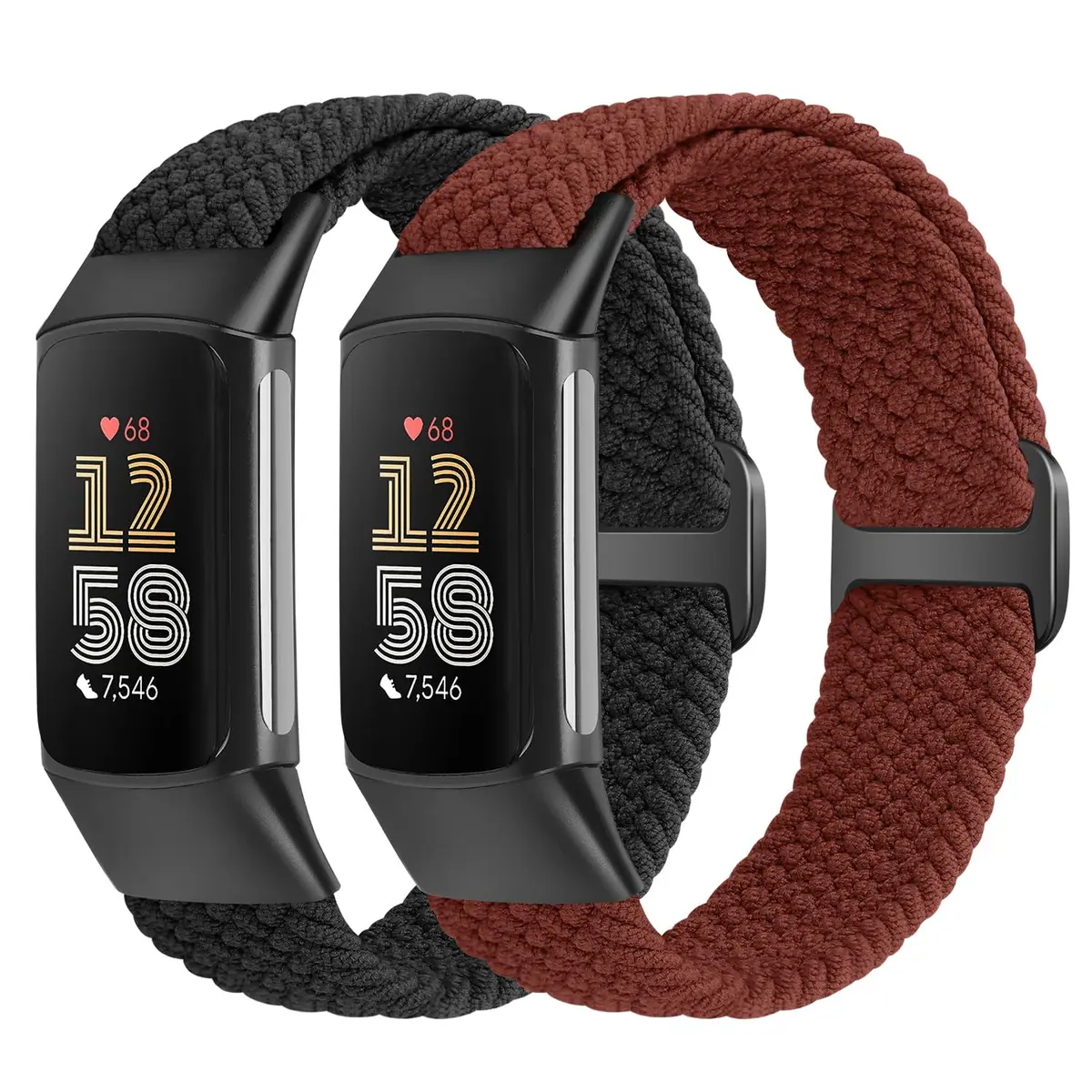 VNDAPT Elastic Braided Bands for Fitbit Charge 5/6 - Black+Burgundy | 22mm (0.9 inch) Width | Adjustable Nylon Sport Strap - main product image