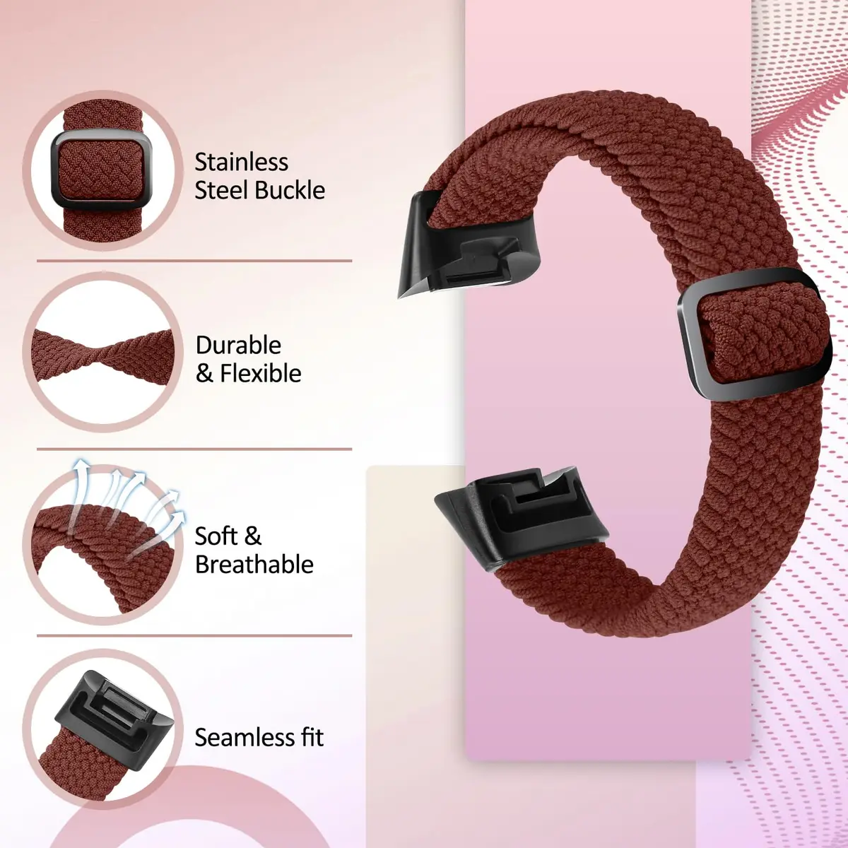 VNDAPT Elastic Braided Bands for Fitbit Charge 5/6 - Black+Burgundy | 22mm (0.9 inch) Width | Adjustable Nylon Sport Strap - view 2