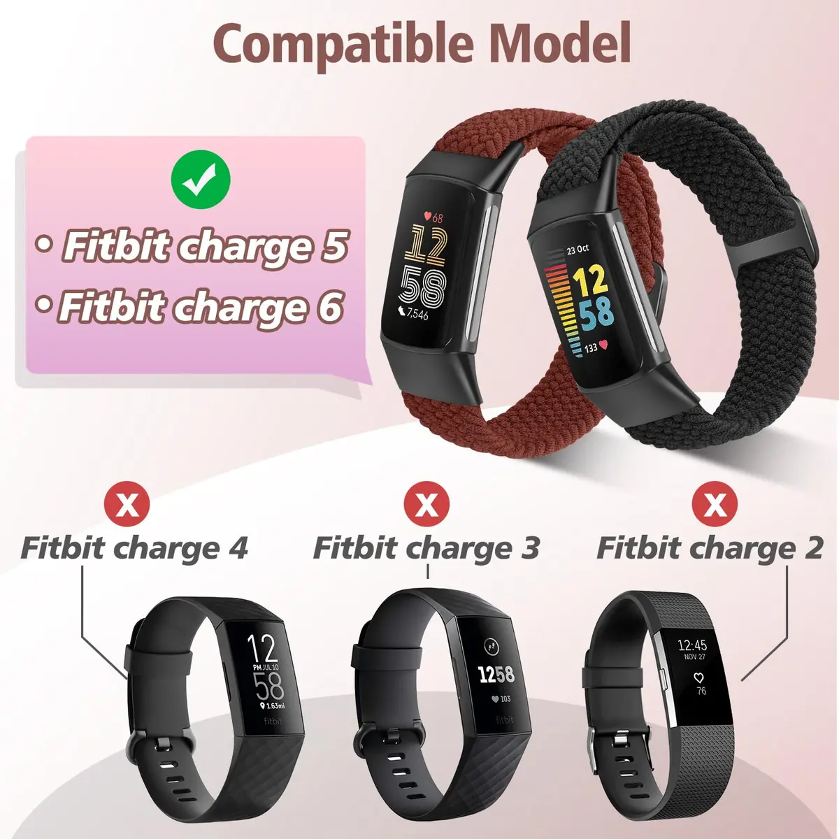 VNDAPT Elastic Braided Bands for Fitbit Charge 5/6 - Black+Burgundy | 22mm (0.9 inch) Width | Adjustable Nylon Sport Strap - view 3