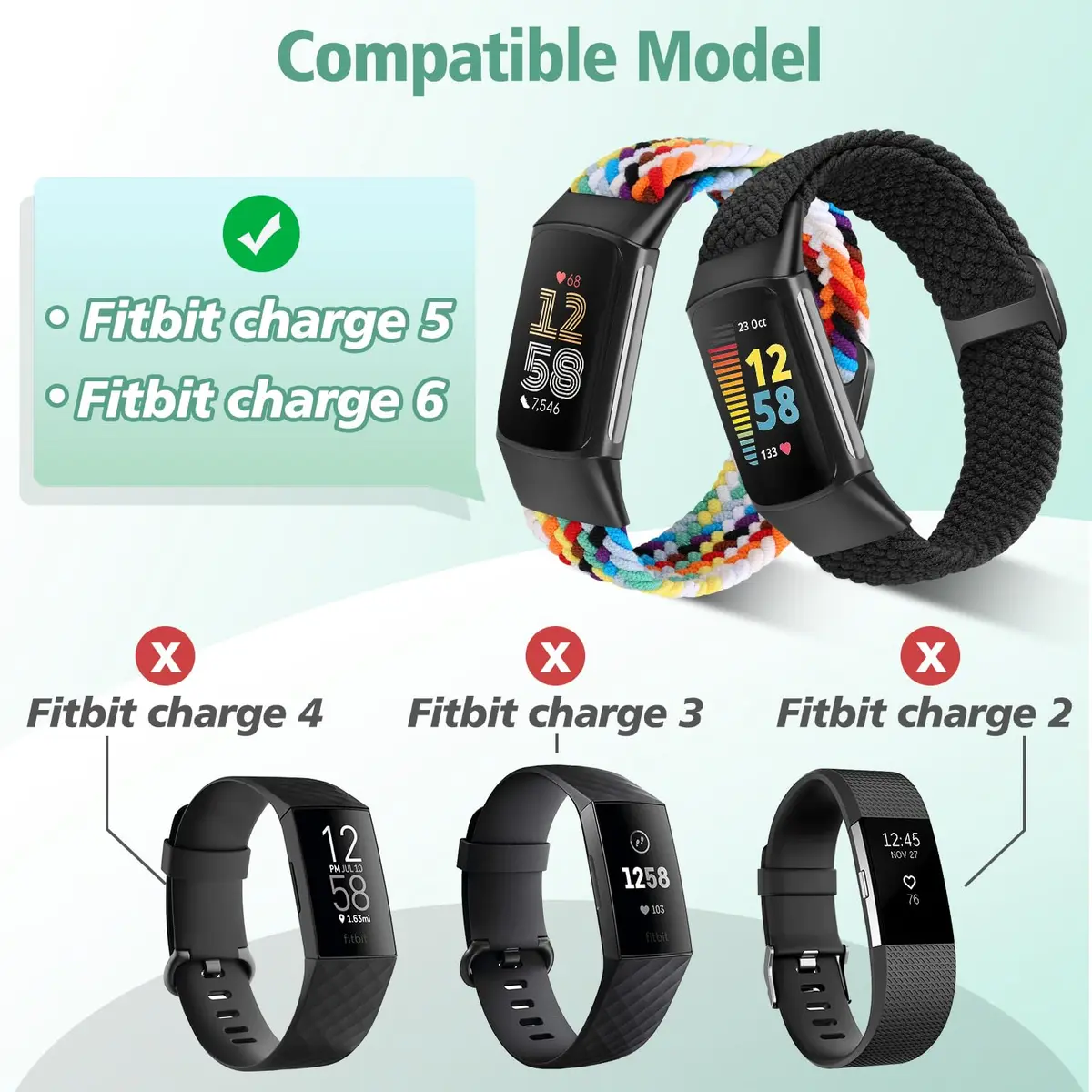 VNDAPT Elastic Braided Bands for Fitbit Charge 5/6 - Black+Official Rainbow | Adjustable Nylon Loop (20mm Width) - view 4