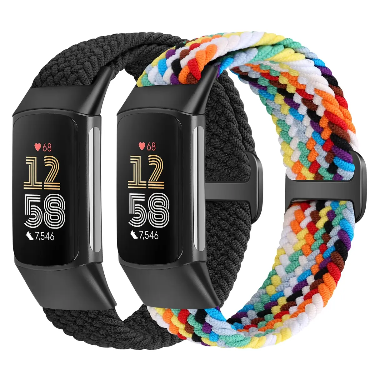 VNDAPT Elastic Braided Bands for Fitbit Charge 5/6 - Black+Official Rainbow | Adjustable Nylon Loop (20mm Width) - main product image