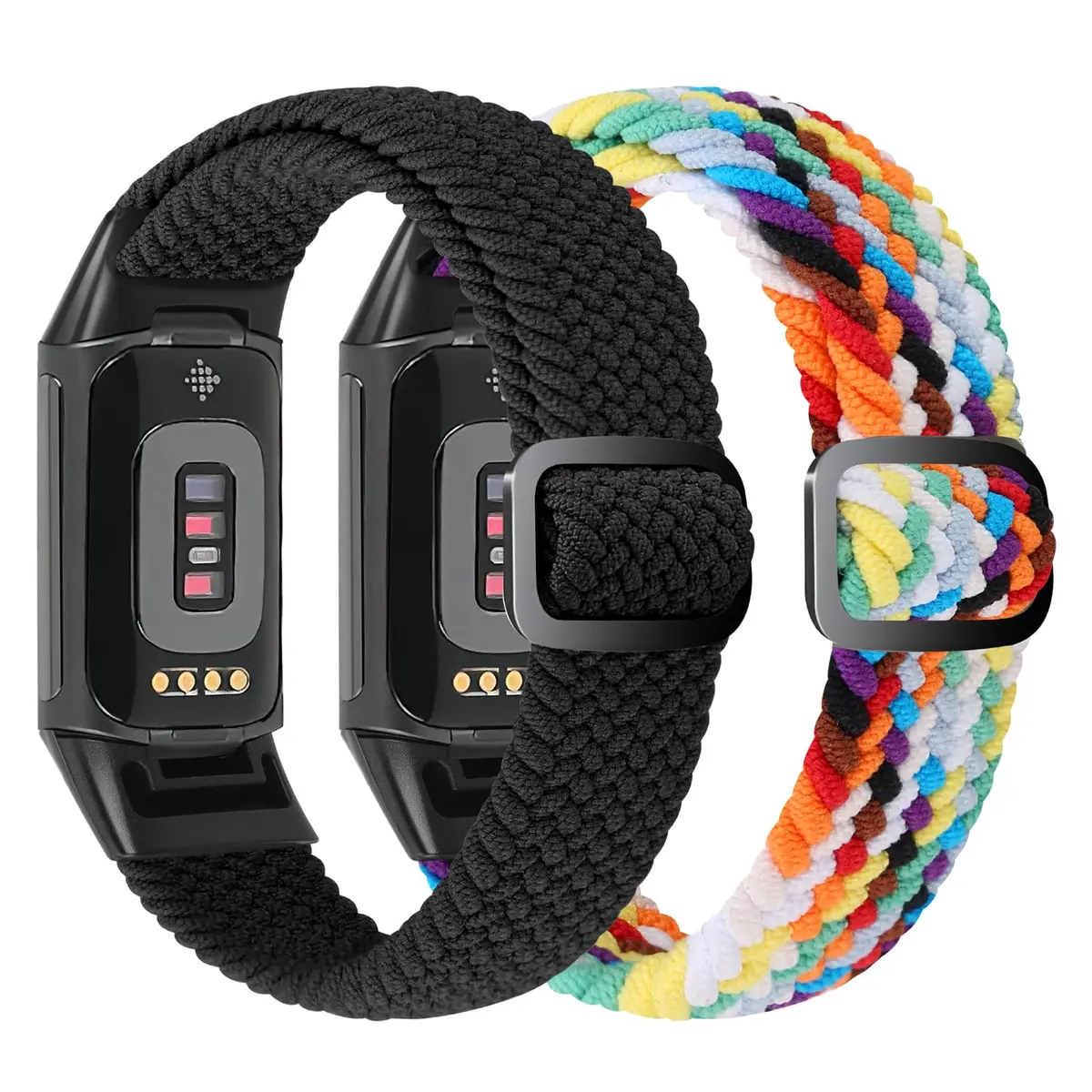 VNDAPT Elastic Braided Bands for Fitbit Charge 5/6 - Black+Official Rainbow | Adjustable Nylon Loop (20mm Width) - view 2