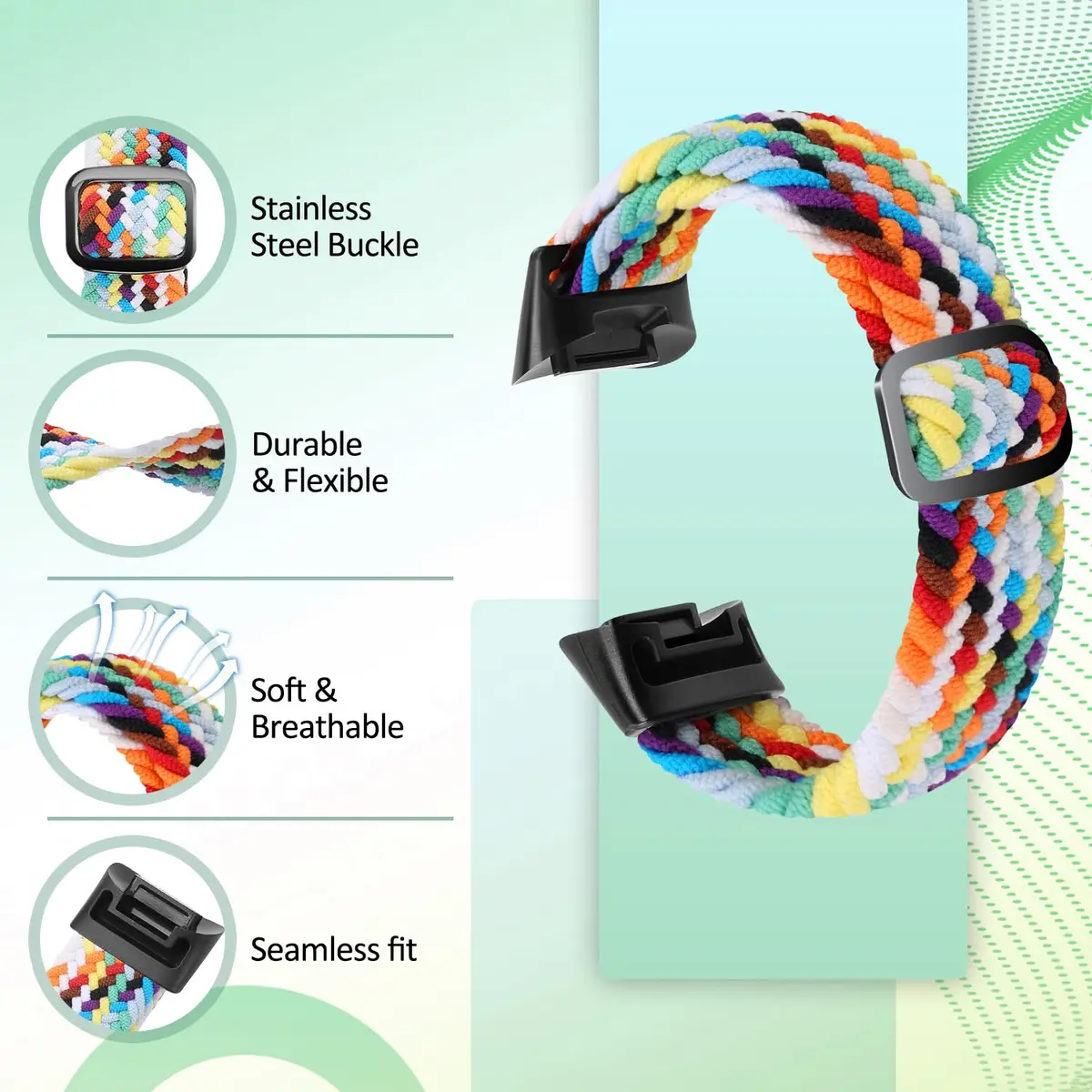 VNDAPT Elastic Braided Bands for Fitbit Charge 5/6 - Black+Official Rainbow | Adjustable Nylon Loop (20mm Width) - view 3
