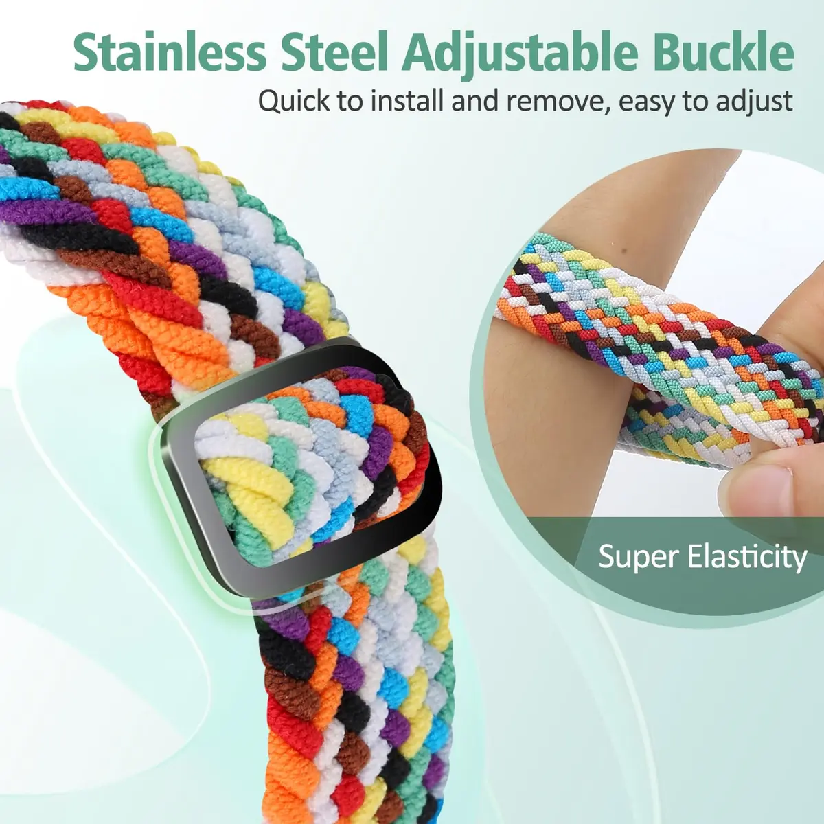 VNDAPT Elastic Braided Bands for Fitbit Charge 5/6, Rainbow & Space Gray, 20mm Width | Breathable Nylon Loop - view 4