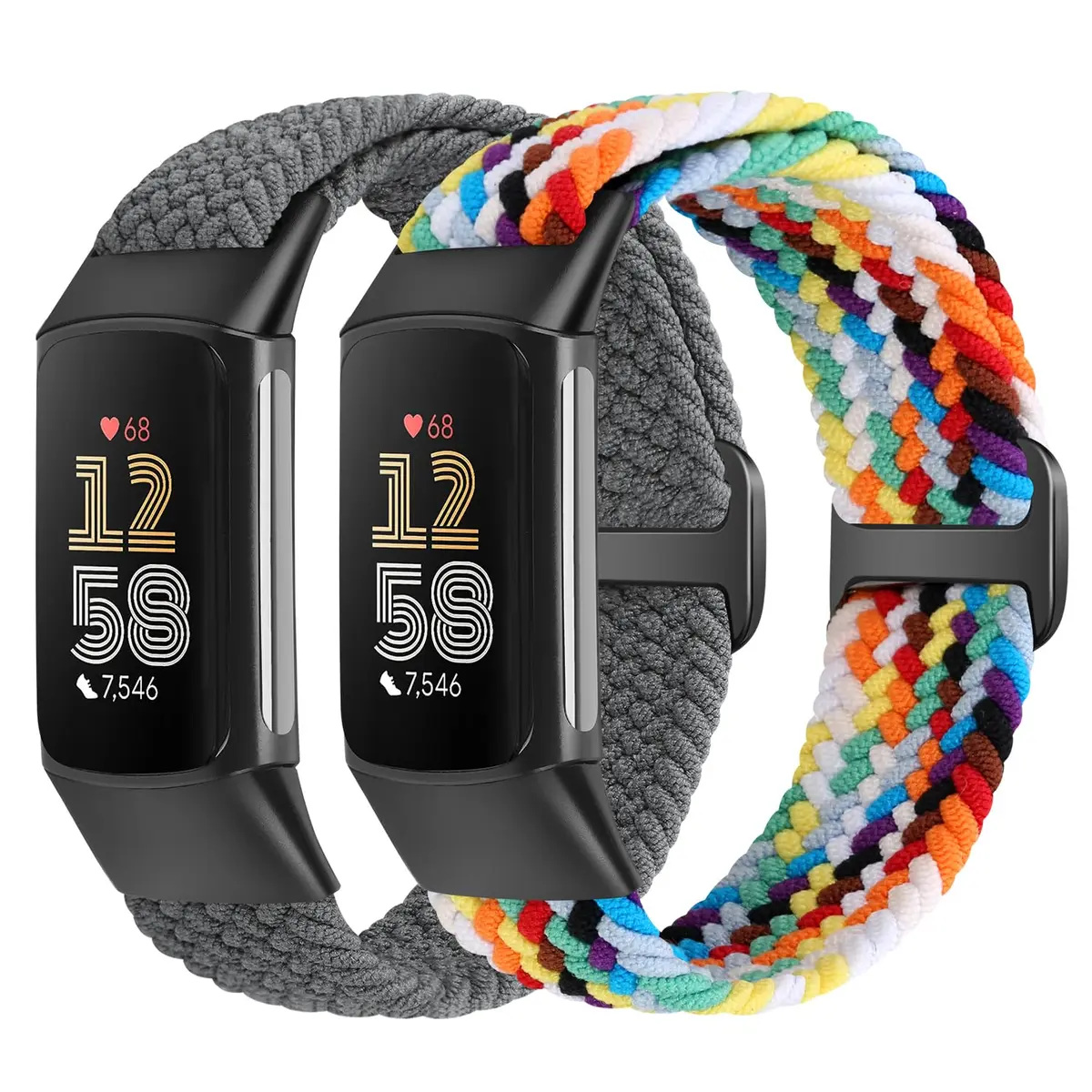 VNDAPT Elastic Braided Bands for Fitbit Charge 5/6, Rainbow & Space Gray, 20mm Width | Breathable Nylon Loop - main product image