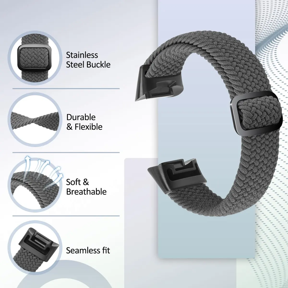 VNDAPT Elastic Braided Bands for Fitbit Charge 5/6, Rainbow & Space Gray, 20mm Width | Breathable Nylon Loop - view 2