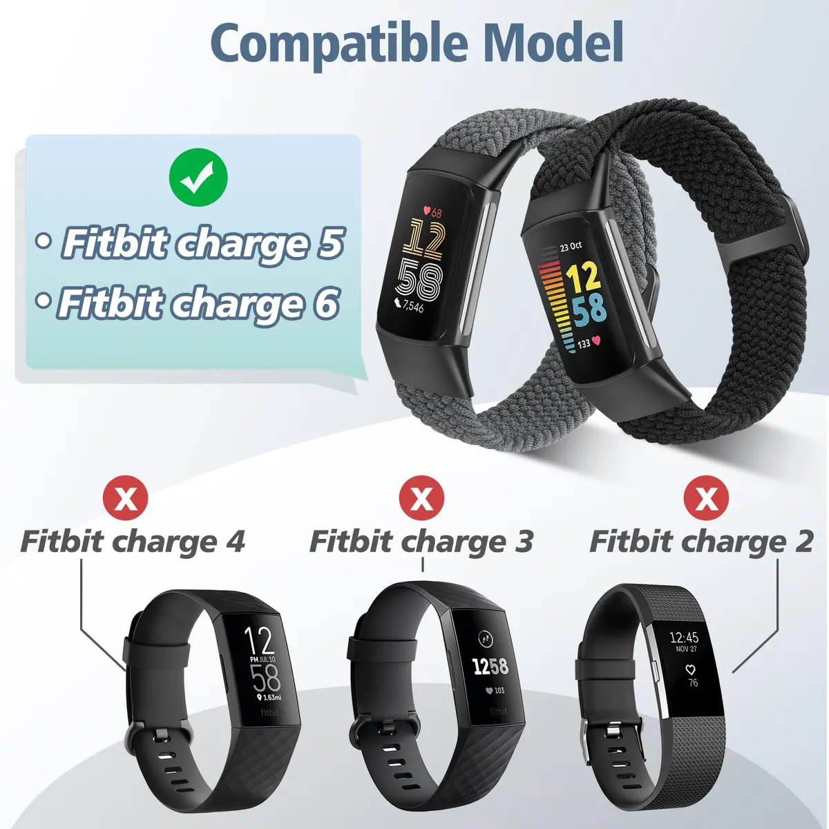 VNDAPT Elastic Braided Bands for Fitbit Charge 5/6, Rainbow & Space Gray, 20mm Width | Breathable Nylon Loop - view 3