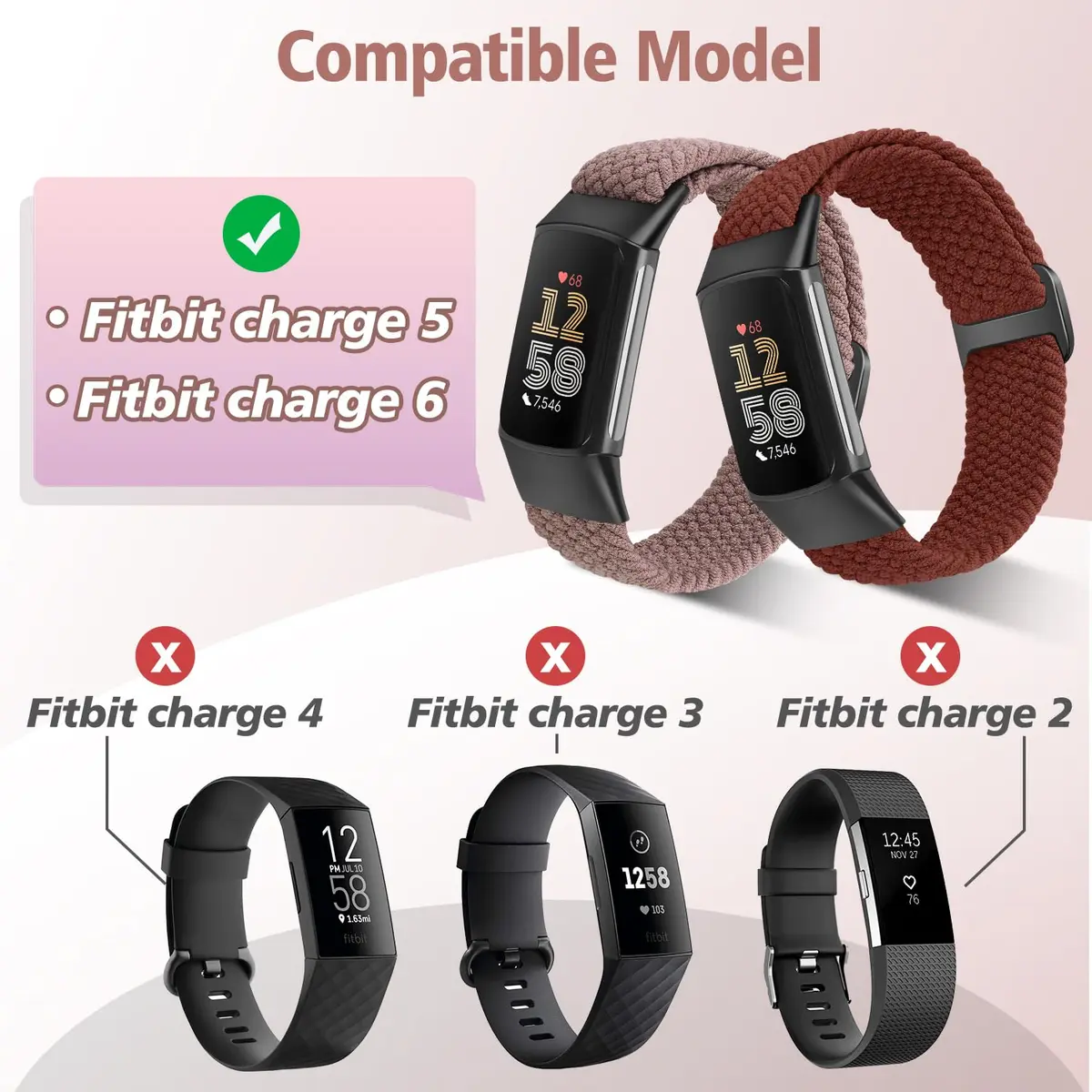 VNDAPT Elastic Braided Bands for Fitbit Charge 5/6, Burgundy+Smoke Purple, 20mm (0.79in) | Breathable Nylon Sport Replacement Wristbands - view 4