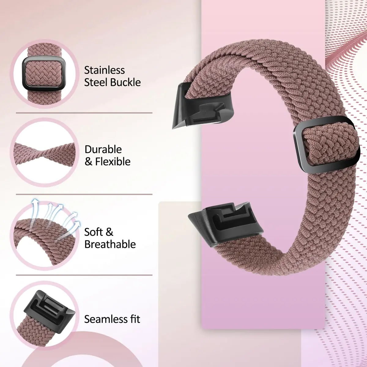 VNDAPT Elastic Braided Bands for Fitbit Charge 5/6, Burgundy+Smoke Purple, 20mm (0.79in) | Breathable Nylon Sport Replacement Wristbands - view 3