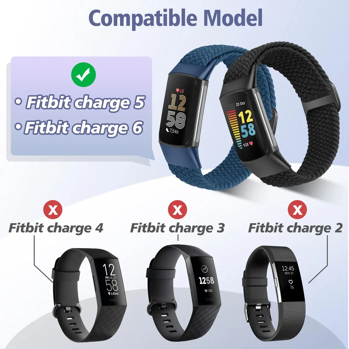 VNDAPT Elastic Braided Bands for Fitbit Charge 5/6, Black+Navy Blue, 20mm (0.79 inches) | Breathable Nylon Sport Replacement Strap - view 4