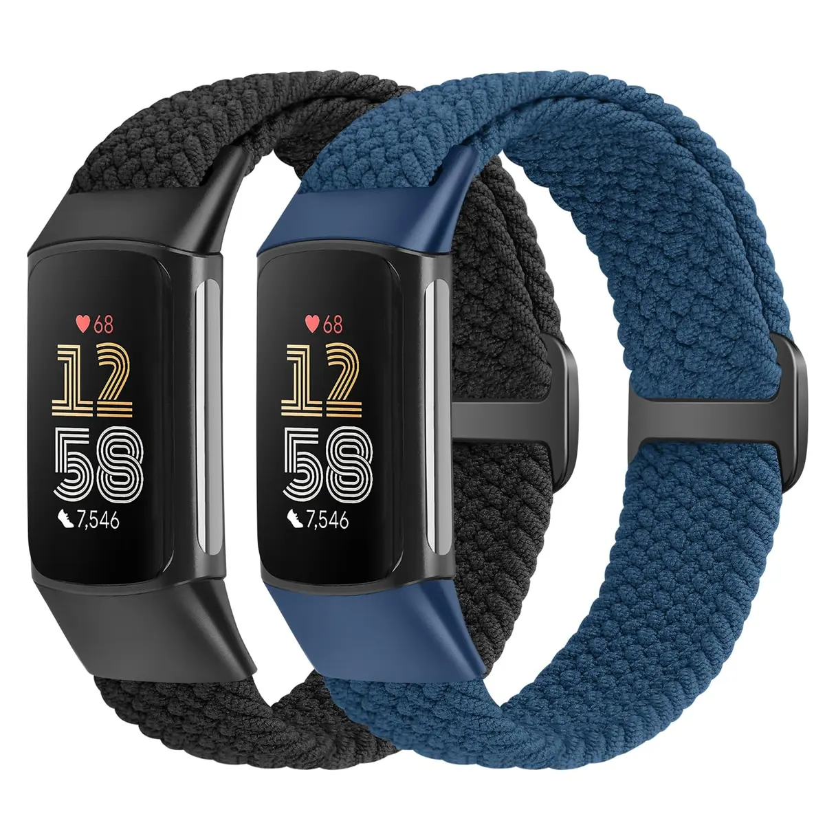 VNDAPT Elastic Braided Bands for Fitbit Charge 5/6, Black+Navy Blue, 20mm (0.79 inches) | Breathable Nylon Sport Replacement Strap - main product image