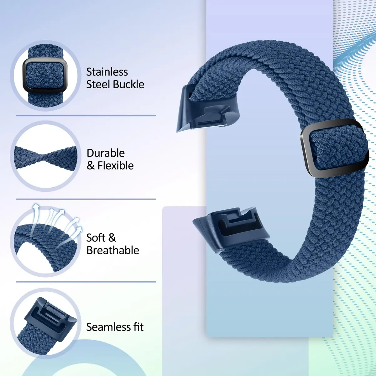 VNDAPT Elastic Braided Bands for Fitbit Charge 5/6, Black+Navy Blue, 20mm (0.79 inches) | Breathable Nylon Sport Replacement Strap - view 3