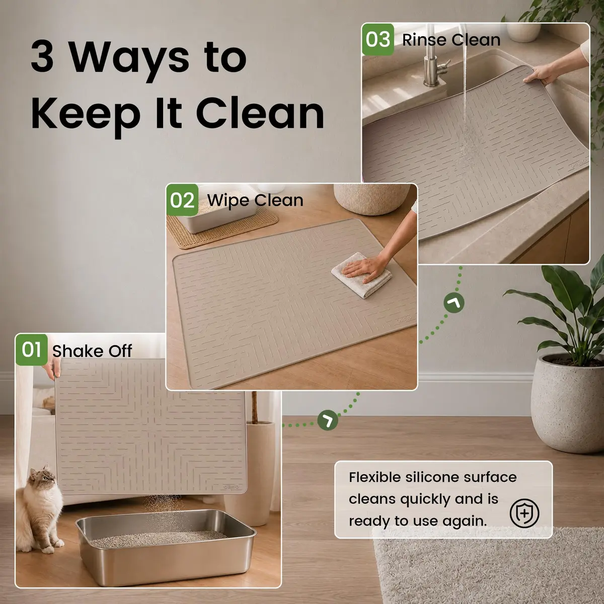 OHMO Large Cat Litter Mat, 31.5x23.6 Silicone Trapping Mat Beige | Waterproof & Easy to Clean - view 6