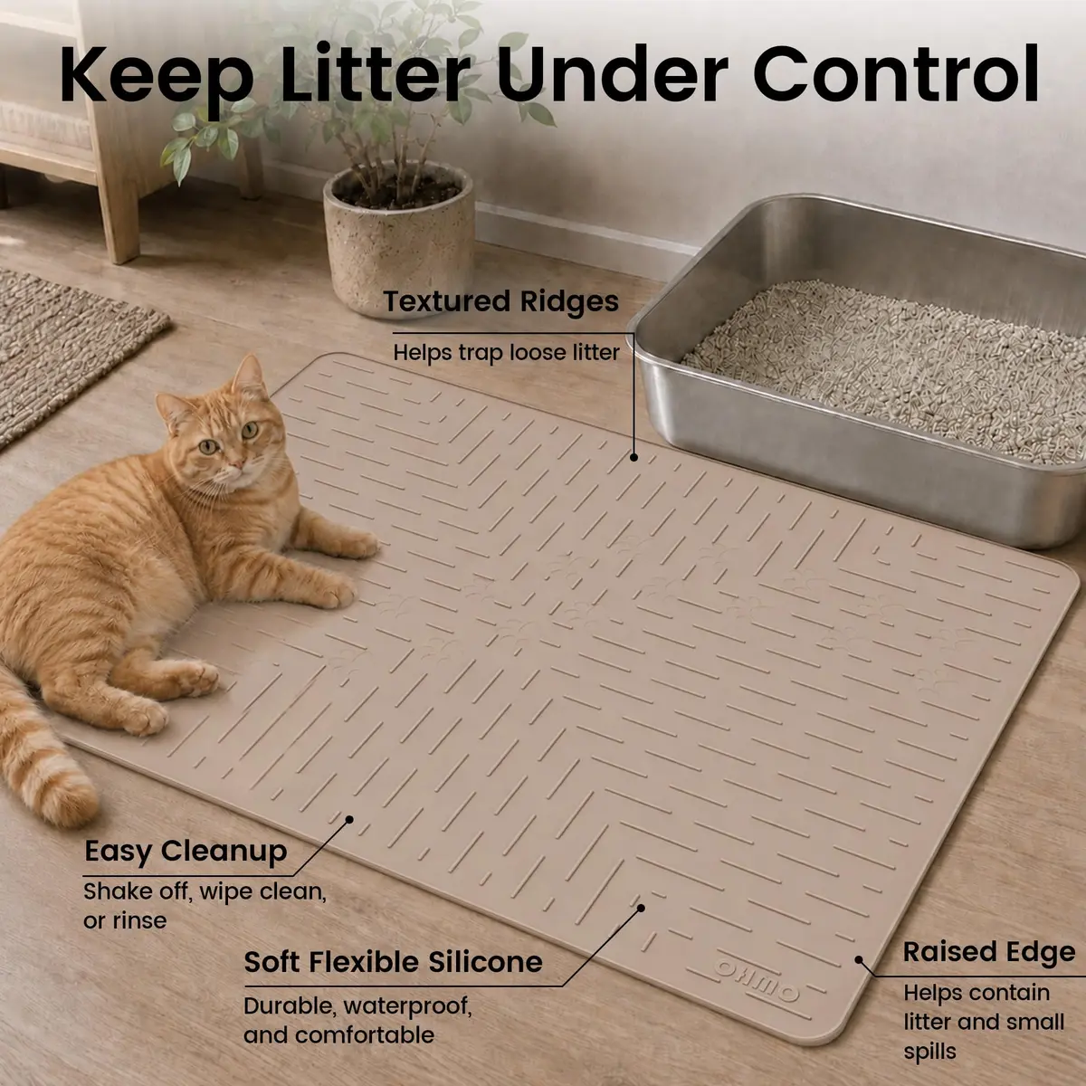 OHMO Large Cat Litter Mat, 31.5x23.6 Silicone Trapping Mat Beige | Waterproof & Easy to Clean - view 2