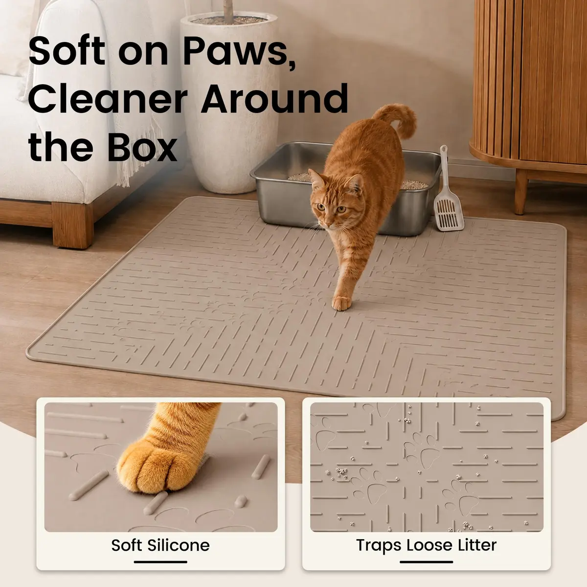 OHMO Large Cat Litter Mat, 31.5x23.6 Silicone Trapping Mat Beige | Waterproof & Easy to Clean - view 3
