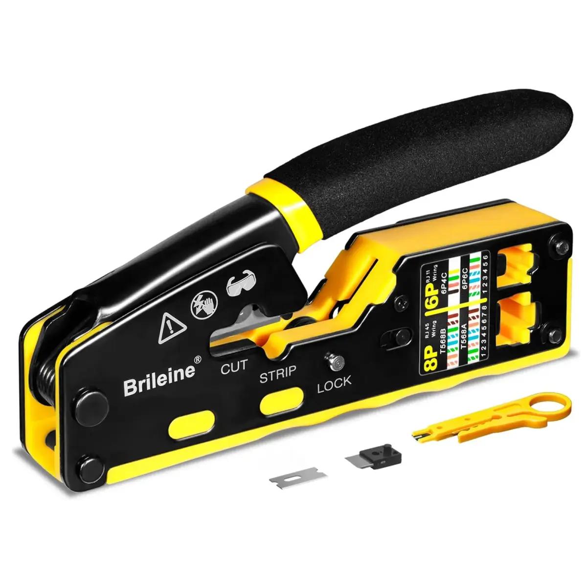 Brileine RJ45 Crimp Tool Pass Through Crimper Kit with Cable Tester & Stripper | 2.7 x 5.3 inches - main product image