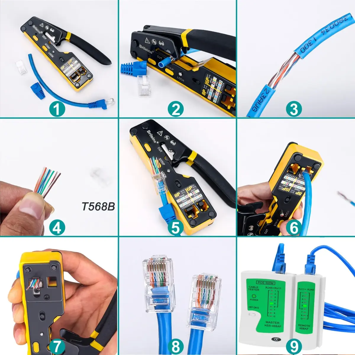 Brileine RJ45 Crimp Tool Pass Through Crimper Kit with Cable Tester & Stripper | 2.7 x 5.3 inches - view 5