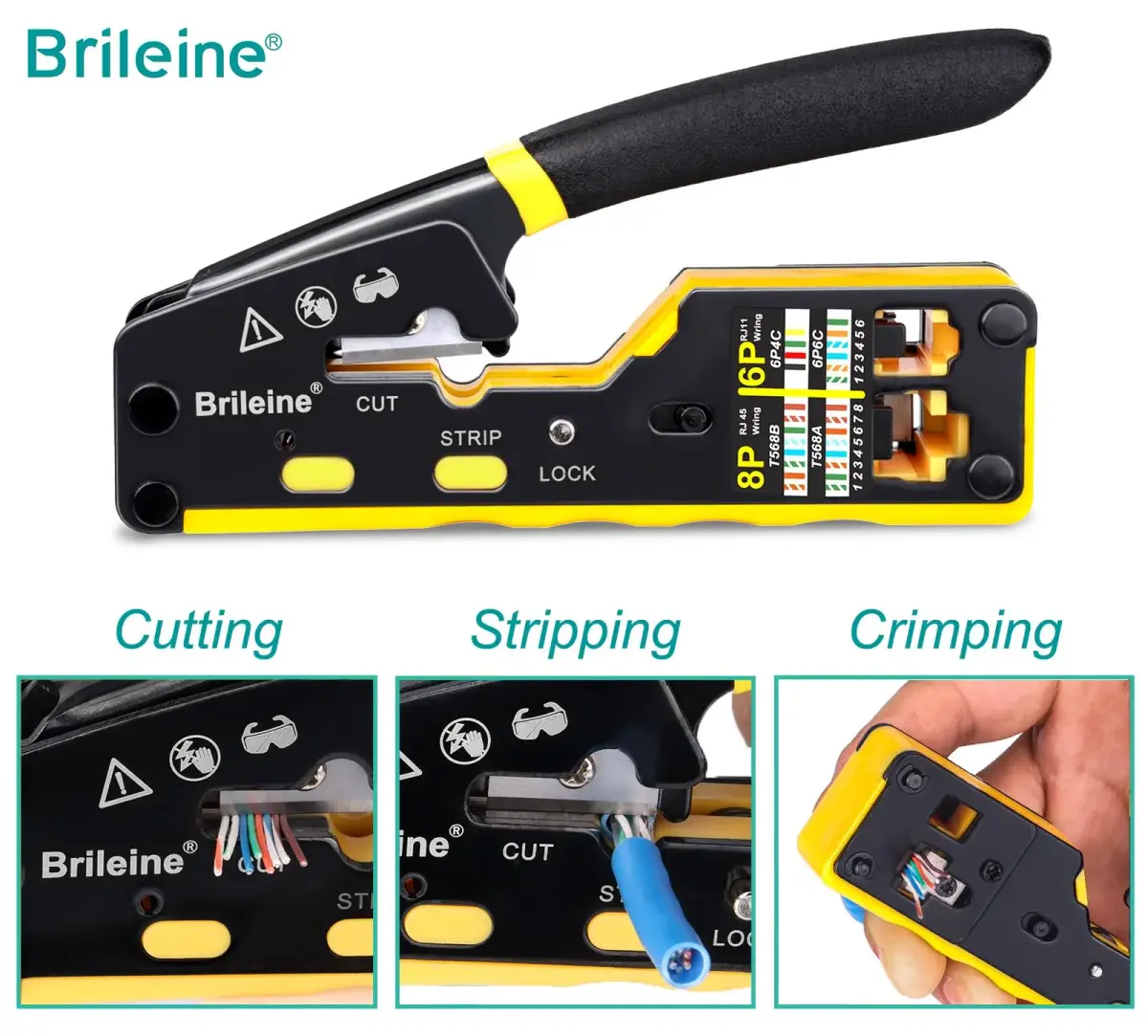 Brileine RJ45 Crimp Tool Pass Through Crimper Kit with Cable Tester & Stripper | 2.7 x 5.3 inches - view 3