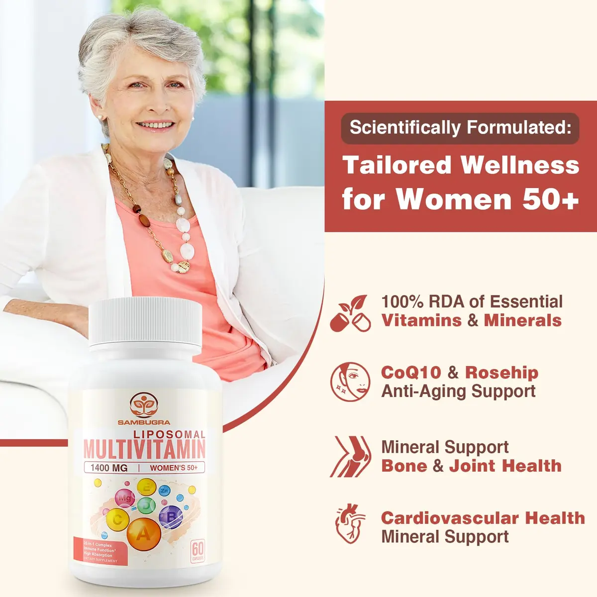 Sambugra Liposomal Multivitamin for Women 50+ | 32 Ingredients, CoQ10, Vitamins C, B, D, E, Bone & Heart Support - view 2