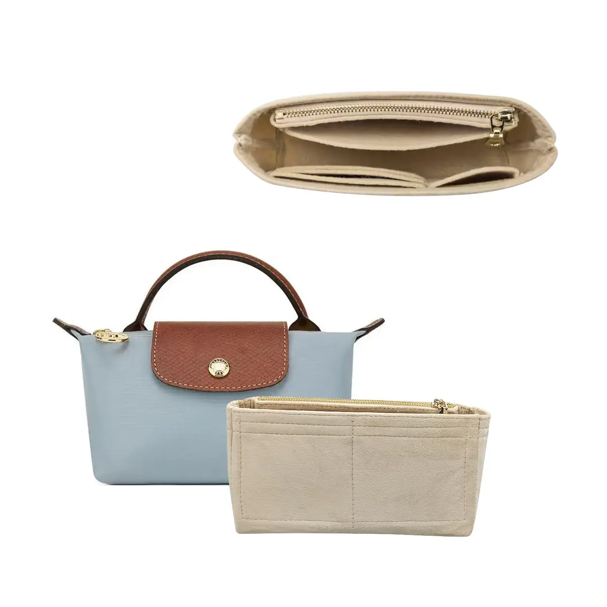 TUKYWAN Felt Bag Organizer Insert for Longchamp Mini Bag, Beige 18 cm (6.7 in) | Keeps Your Mini Tote Tidy - main product image