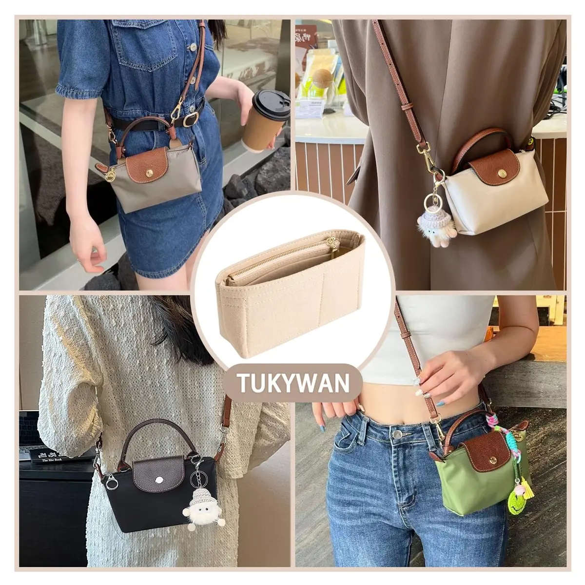 TUKYWAN Felt Bag Organizer Insert for Longchamp Mini Bag, Beige 18 cm (6.7 in) | Keeps Your Mini Tote Tidy - view 6