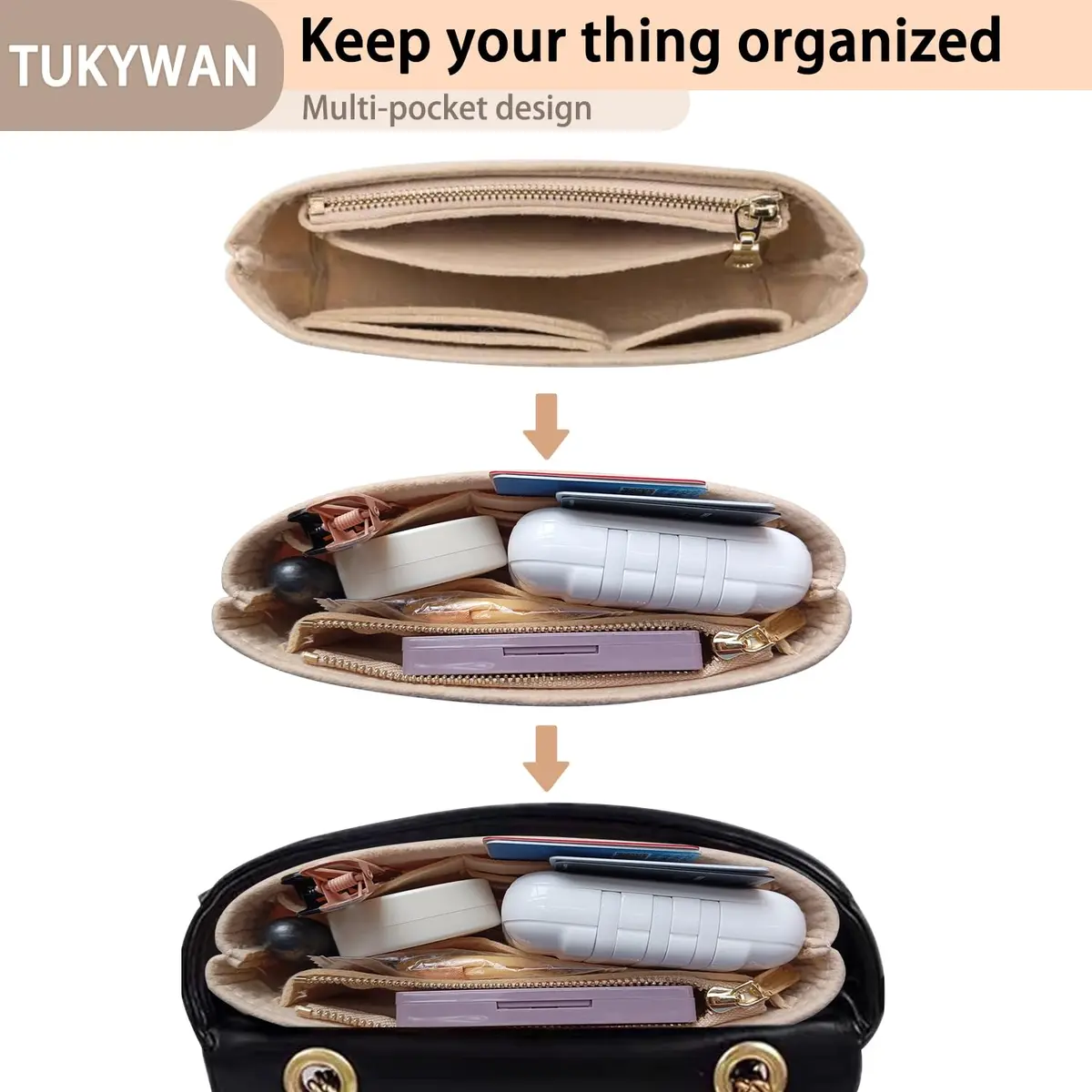 TUKYWAN Felt Bag Organizer Insert for Longchamp Mini Bag, Beige 18 cm (6.7 in) | Keeps Your Mini Tote Tidy - view 2
