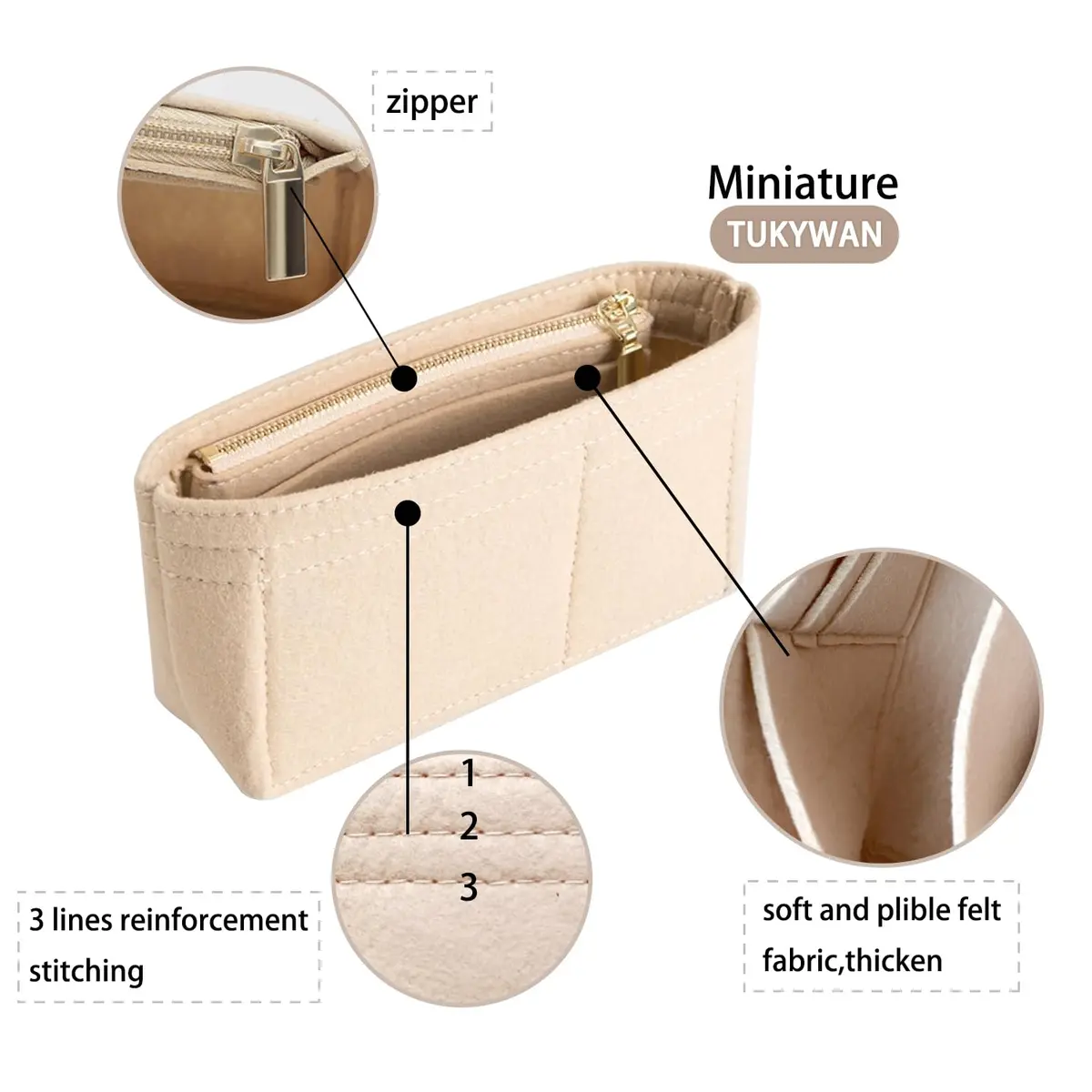 TUKYWAN Felt Bag Organizer Insert for Longchamp Mini Bag, Beige 18 cm (6.7 in) | Keeps Your Mini Tote Tidy - view 3