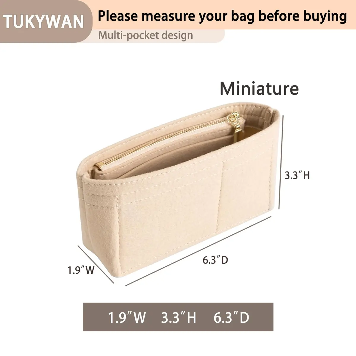 TUKYWAN Felt Bag Organizer Insert for Longchamp Mini Bag, Beige 18 cm (6.7 in) | Keeps Your Mini Tote Tidy - view 4