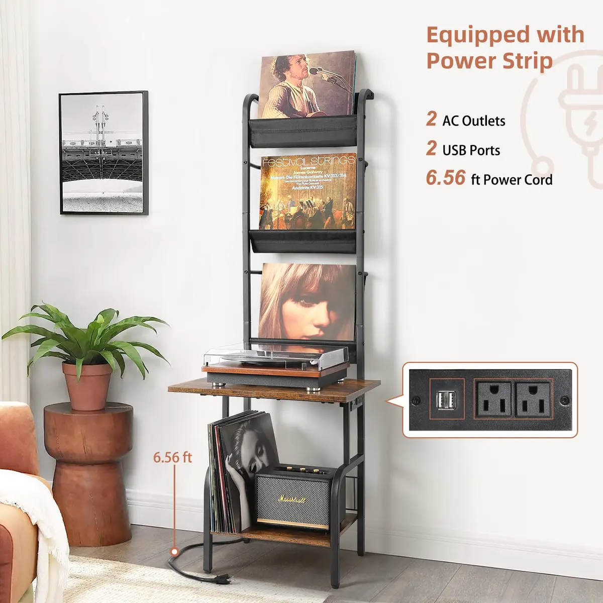 Tewinko Record Player Stand with Vinyl Storage | Vertical Design, Large Countertop, Holds Up to 200 Albums - view 4