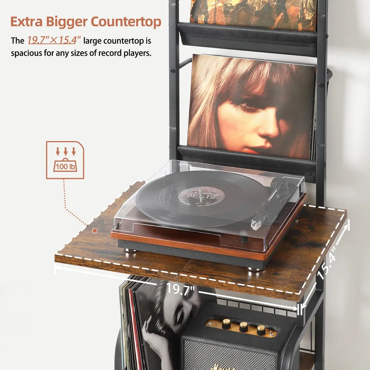 Tewinko Record Player Stand with Vinyl Storage | Vertical Design, Large Countertop, Holds Up to 200 Albums - view 5
