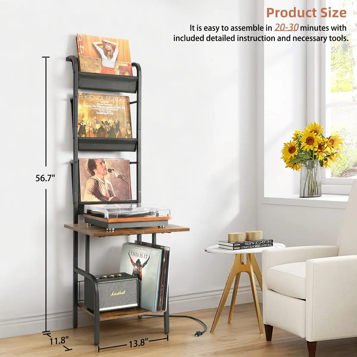 Tewinko Record Player Stand with Vinyl Storage | Vertical Design, Large Countertop, Holds Up to 200 Albums - view 6