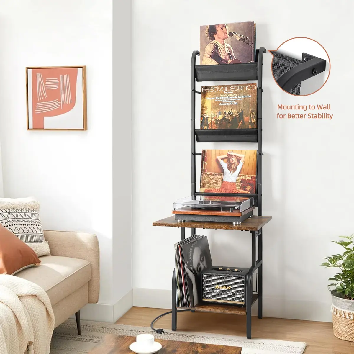 Tewinko Record Player Stand with Vinyl Storage | Vertical Design, Large Countertop, Holds Up to 200 Albums - view 7